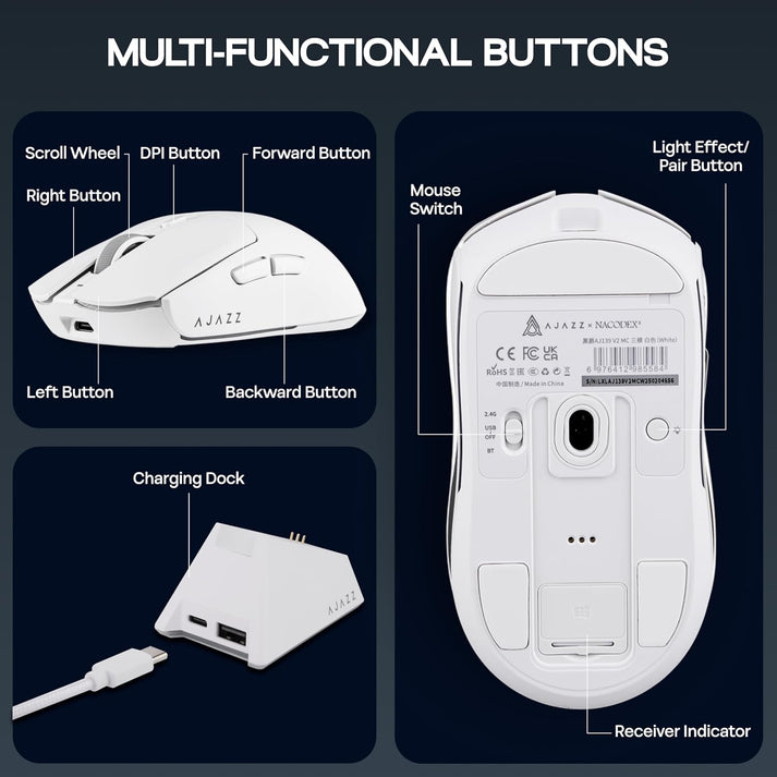 Mouse Gamer Inalámbrico AJAZZ AJ139 V2 MC Blanco PAW3311 12K 2