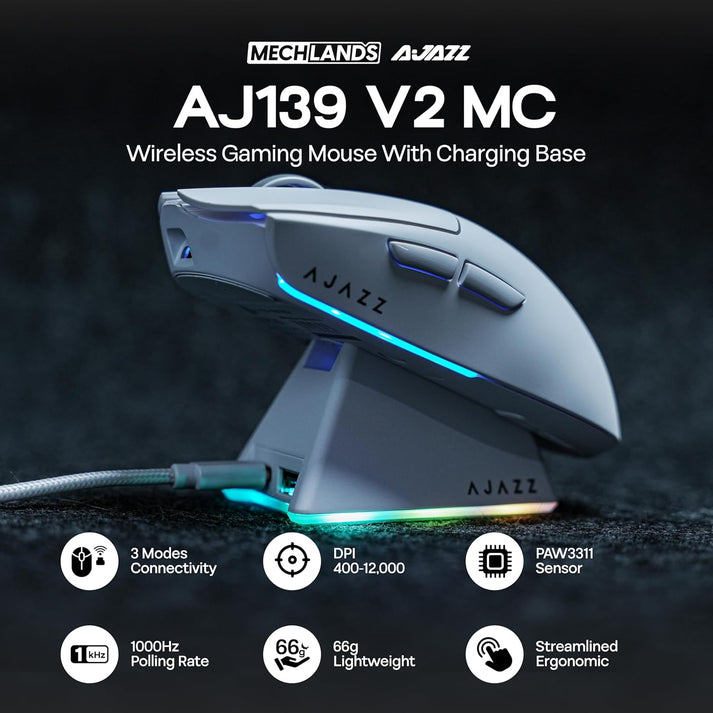 Mouse Gamer Inalámbrico AJAZZ AJ139 V2 MC Blanco PAW3311 12K 4