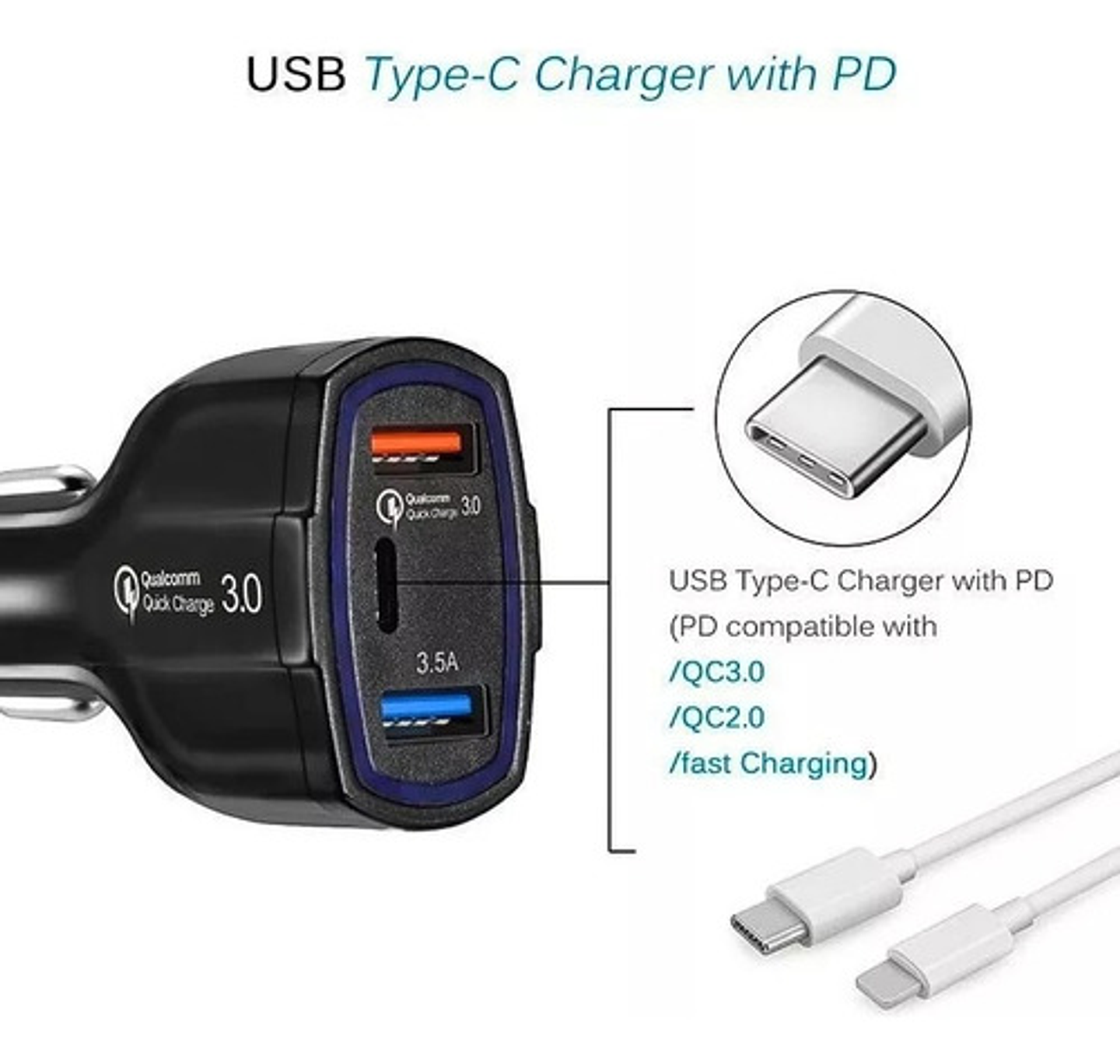 Cargador Rápido Auto Doble Usb Y Tipo C Qc3.0 Negro 2