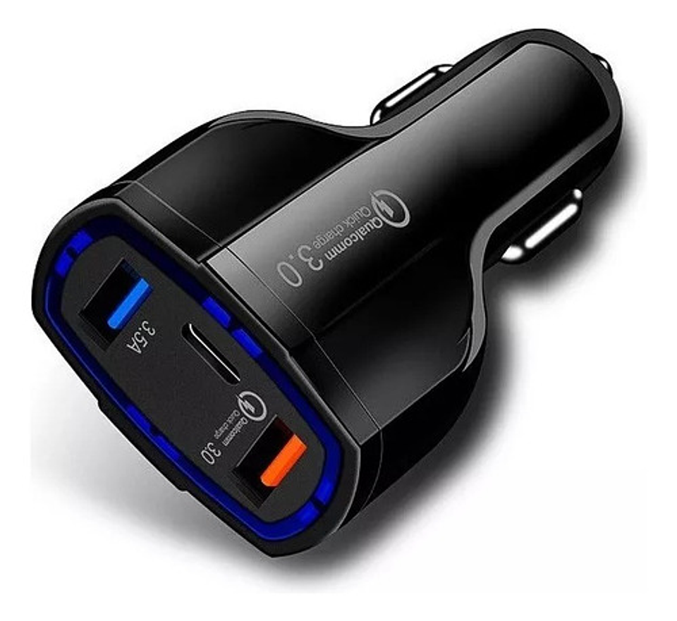 Cargador Rápido Auto Doble Usb Y Tipo C Qc3.0 Negro 3