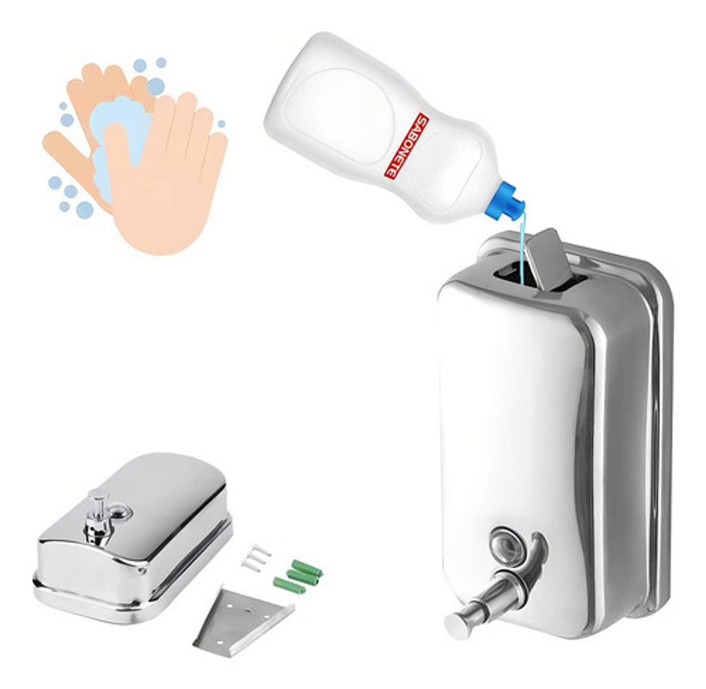 Dispensador De Jabón Líquido Y Detergente De Acero Inoxidable De 500 Ml Para Pared, Color Cromado 5