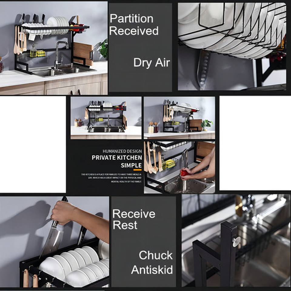 Escurridor De Platos Acero Inoxidable 2 Niveles Kitchen Rack Negro 85cm 8