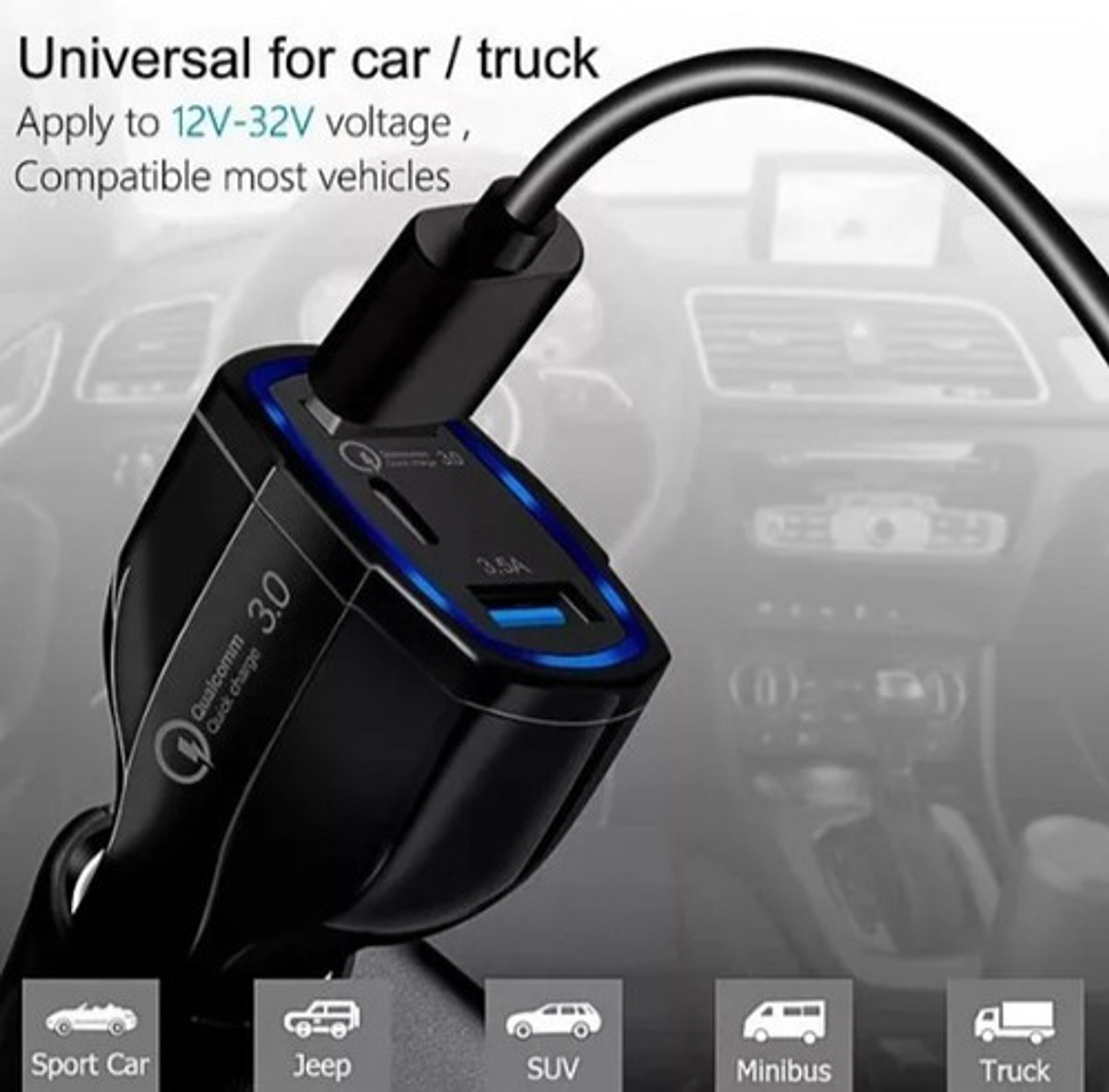 Cargador Rápido Auto Doble Usb Y Tipo C Qc3.0 Negro Vhex 4