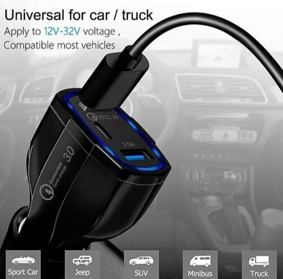 Cargador Rápido Auto Doble Usb Y Tipo C Qc3.0 Negro Vhex 4