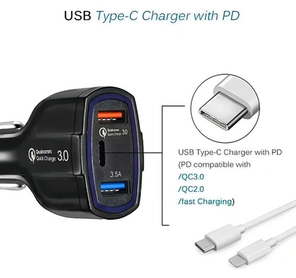 Cargador Rápido Auto Doble Usb Y Tipo C Qc3.0 Negro Vhex 6