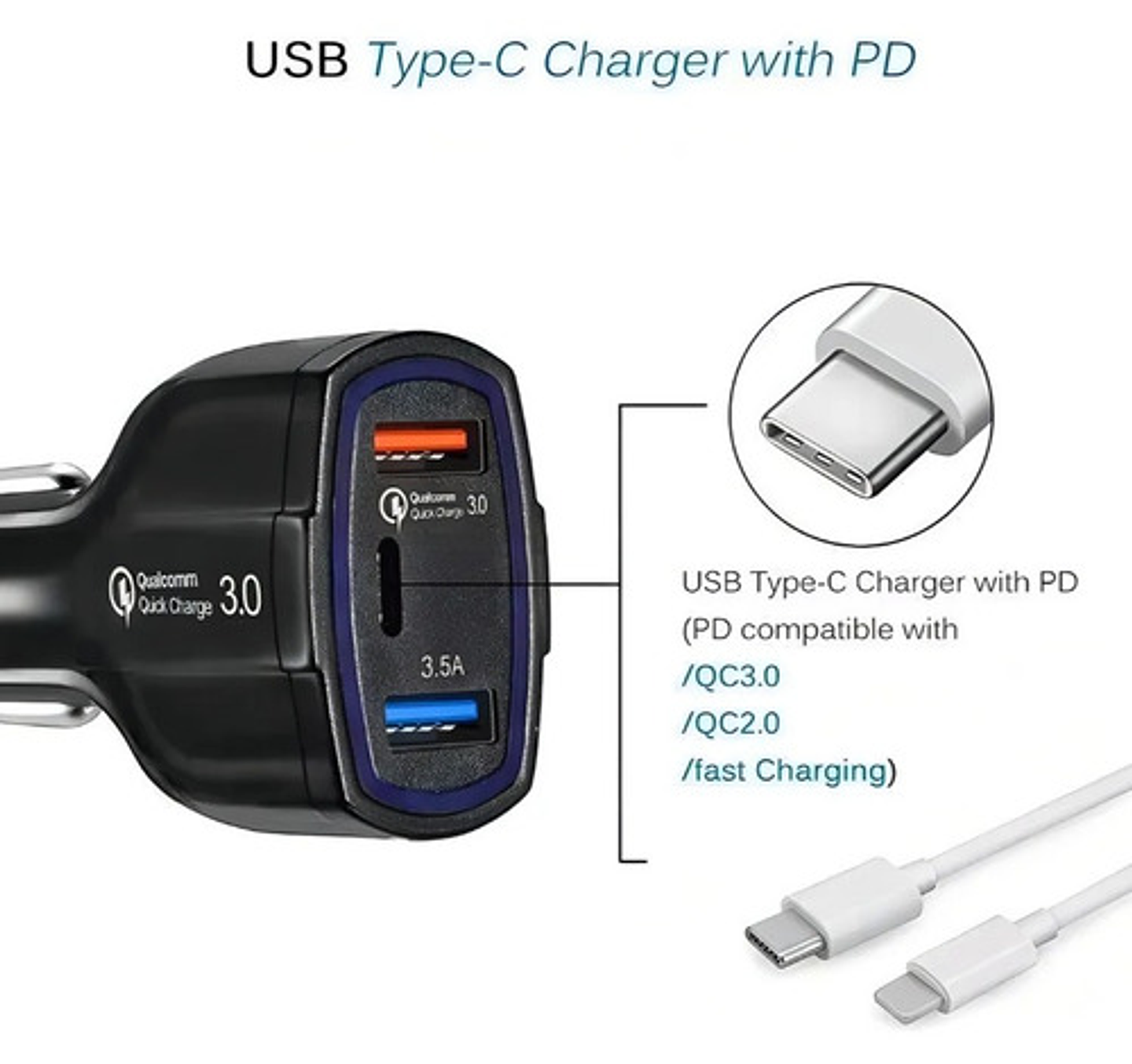 Cargador Rápido Auto Doble Usb Y Tipo C Qc3.0 Negro Vhex 6