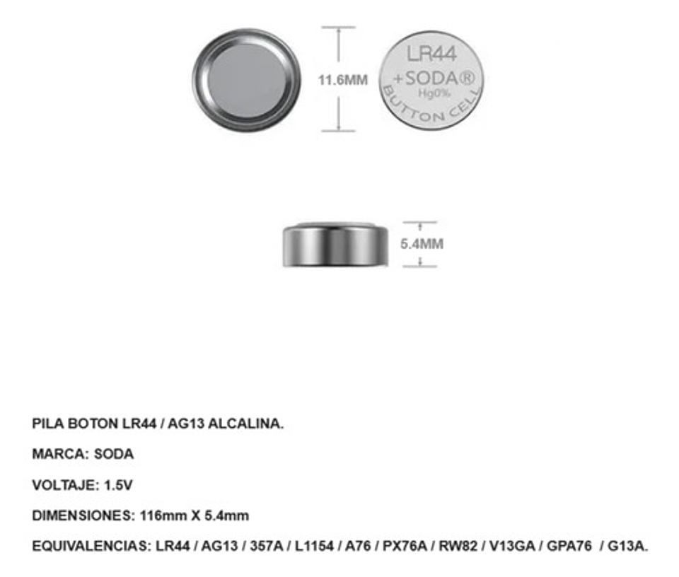 Pila Botón Soda Lr44 Alcalina 1.5v Pack 10 Unidades 175mah 6