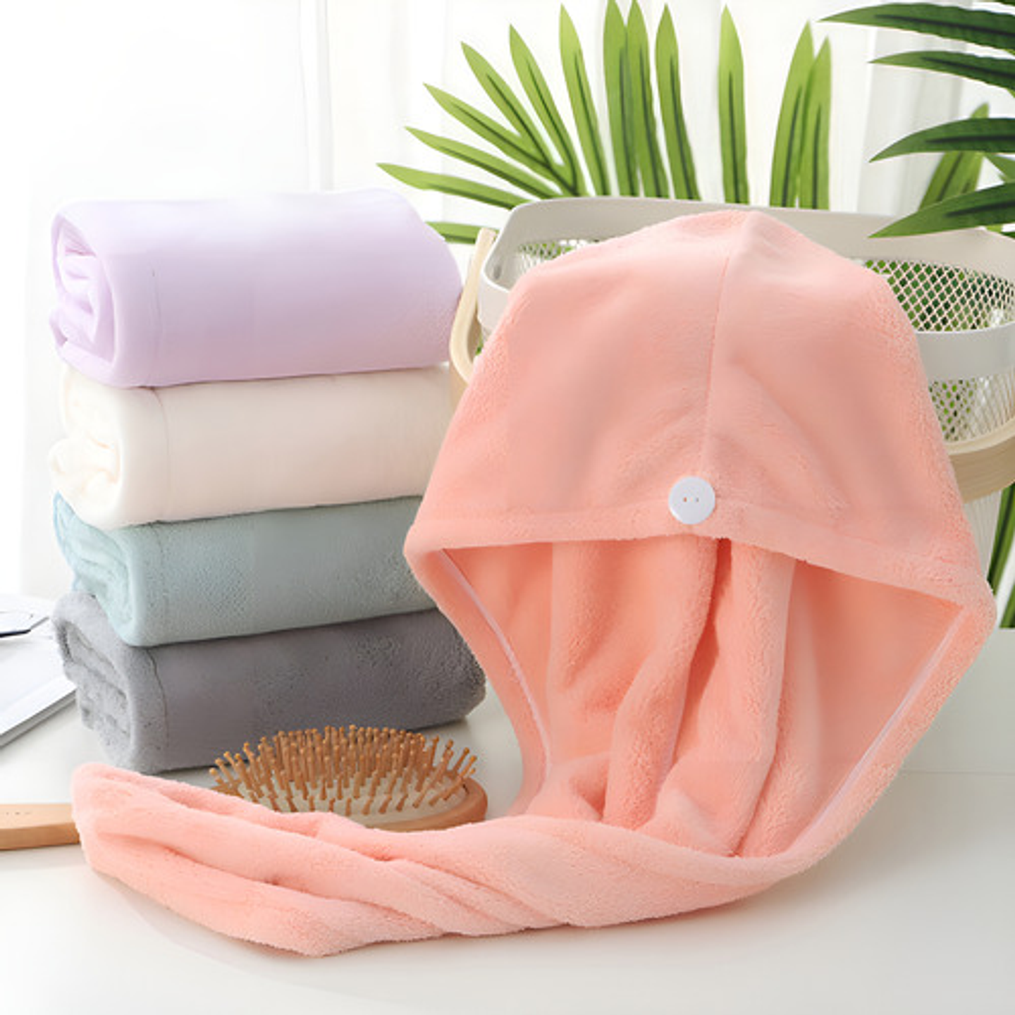 Toalla De Secado Para Cabello Tipo Turbante Color Rosado 3