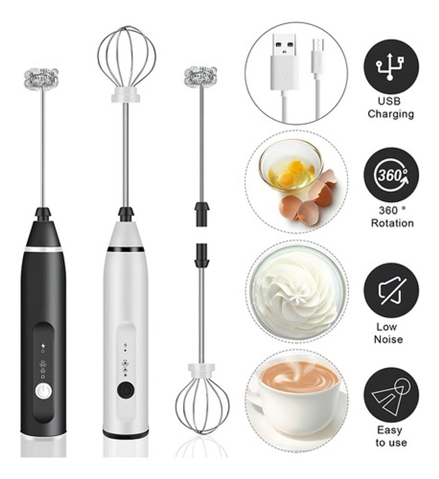 X2 Mini Batidor Revolvedor De Café Y Espuma Leche Recargable Color Blanco O Negro 3