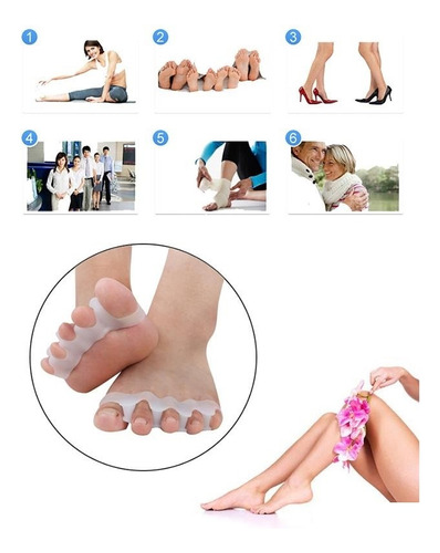 Separador Dedos Pie Silicona Marin Corrector Juanete Almohadilla Pack Blanco 6