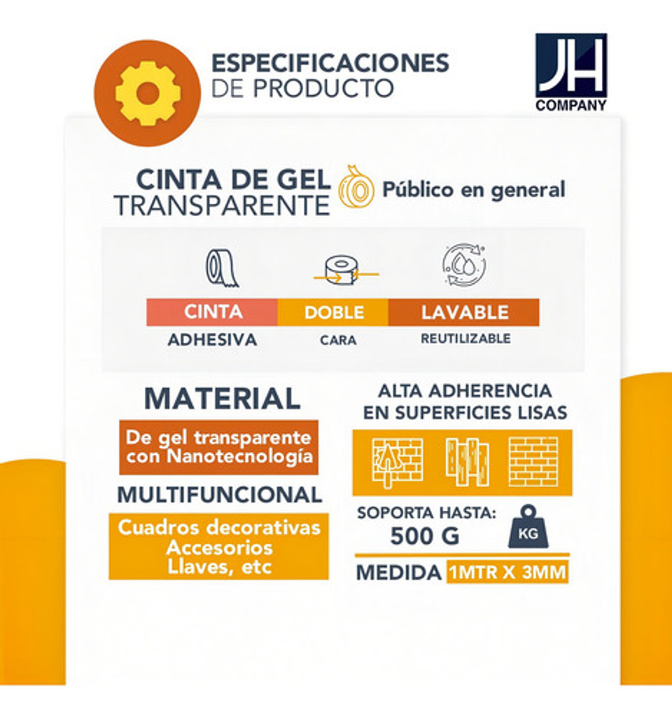 Cinta Doble Faz Nano Gel Reutilizable 3m Transparente J.h. Company 8