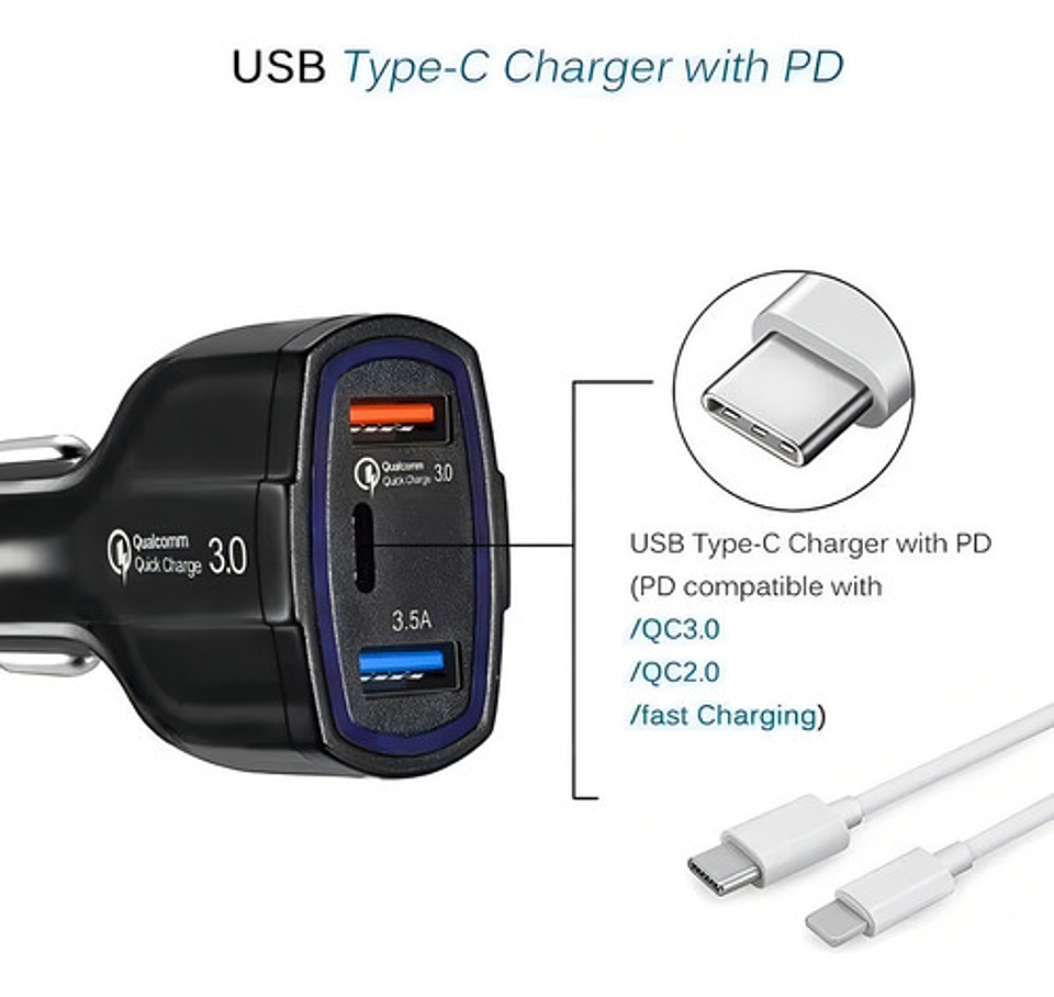 Cargador Rápido Auto Doble Usb Y Tipo C Qc3.0 Negro 2