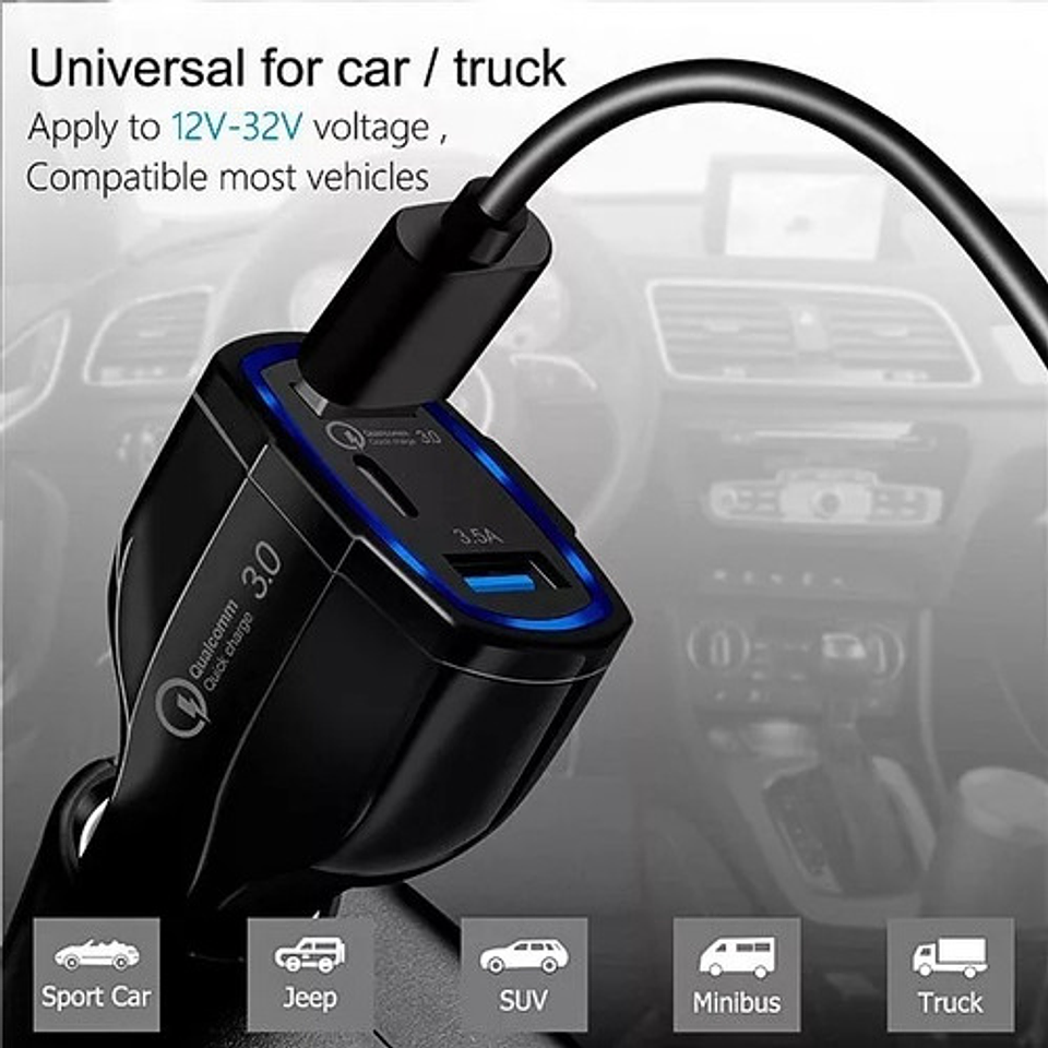 Cargador Rápido Auto Doble Usb Y Tipo C Qc3.0 Negro 4