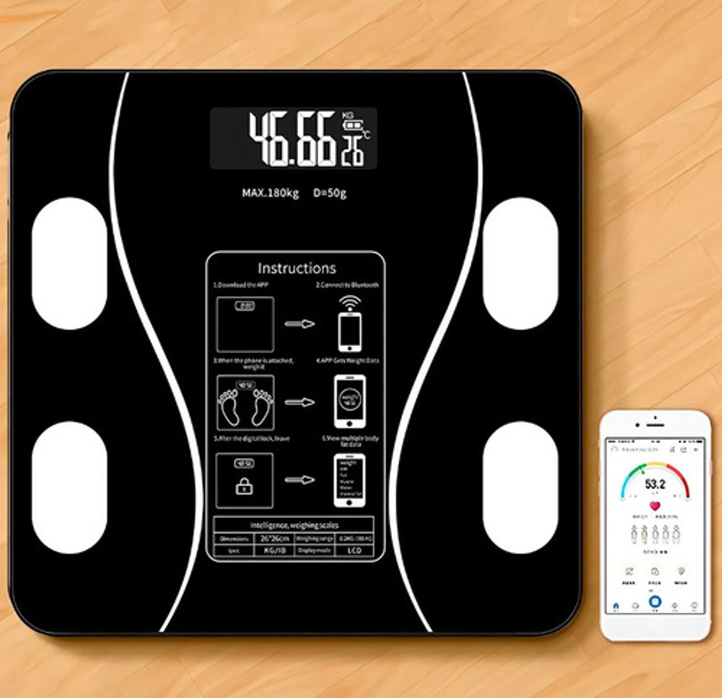 Báscula Inteligente De Bioimpedancia Digital Bluetooth Por Aplicación Vhex Negro 2