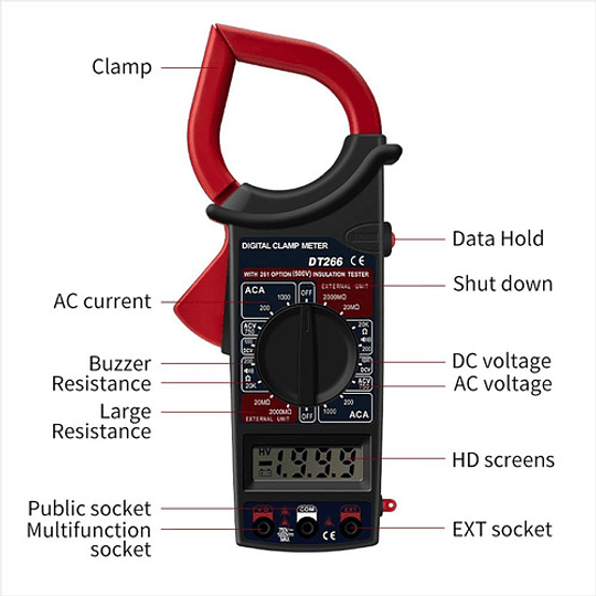 Pack  Amperimetro Digital Tenaza Dt-266 + Lápiz Detector Ac