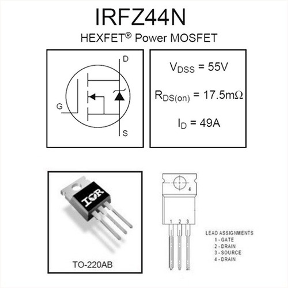 Transistor Mosfet Irfz44n, 49a, 55v, 250w, Canal N
