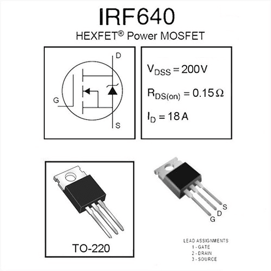 Transistor Mosfet IRF640, Canal N, 200V, 18A, 150W, TO-220