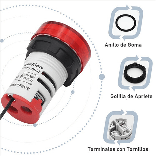 Termómetro Piloto 22mm Para Panel Led Rojo 24 A 500v Ac