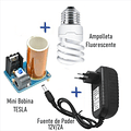 Bobina Tesla + Fuente 12v + Ampolleta Fluorescente 