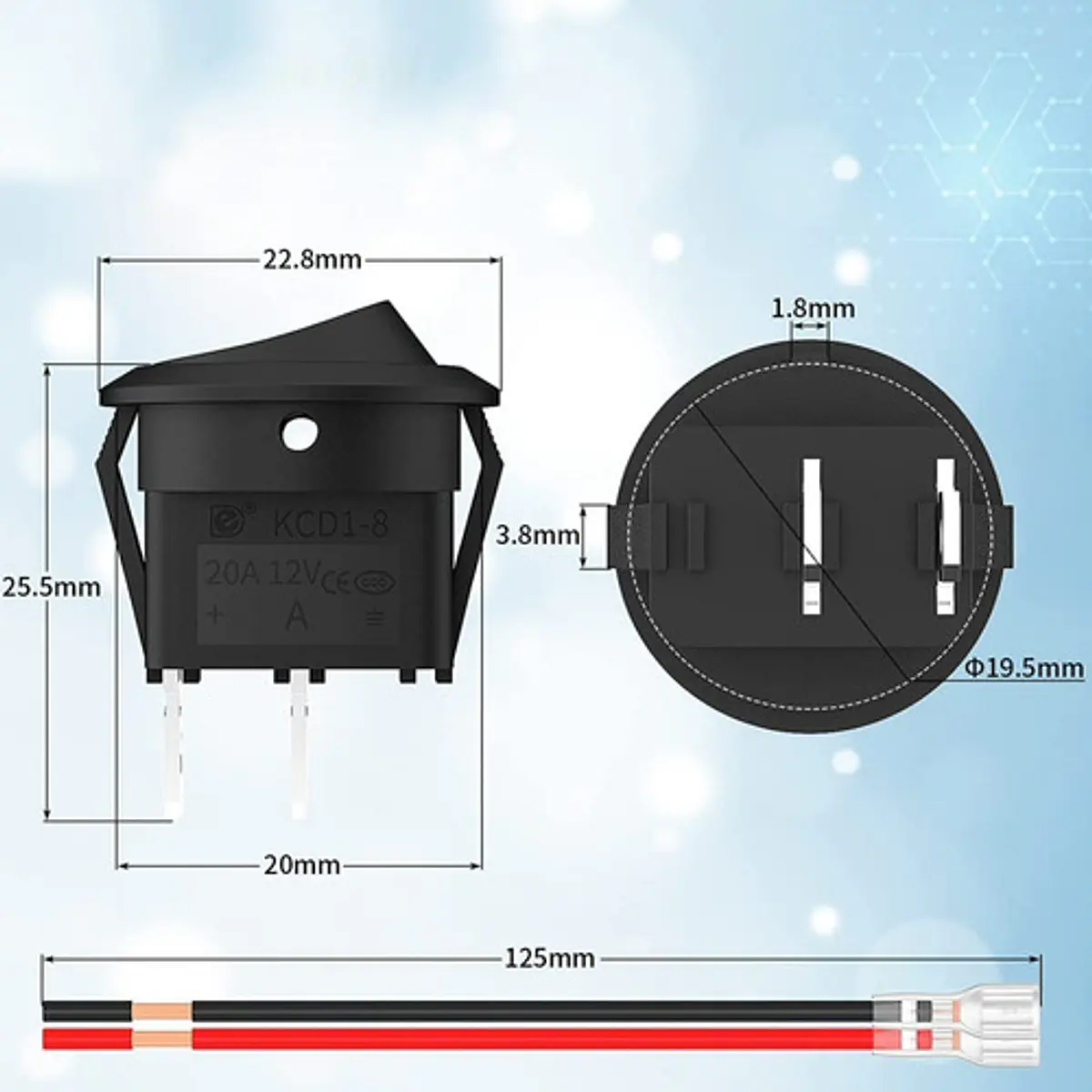 Switch Rocker On Off 21mm 12v Dc 20a + Terminales Y Cables