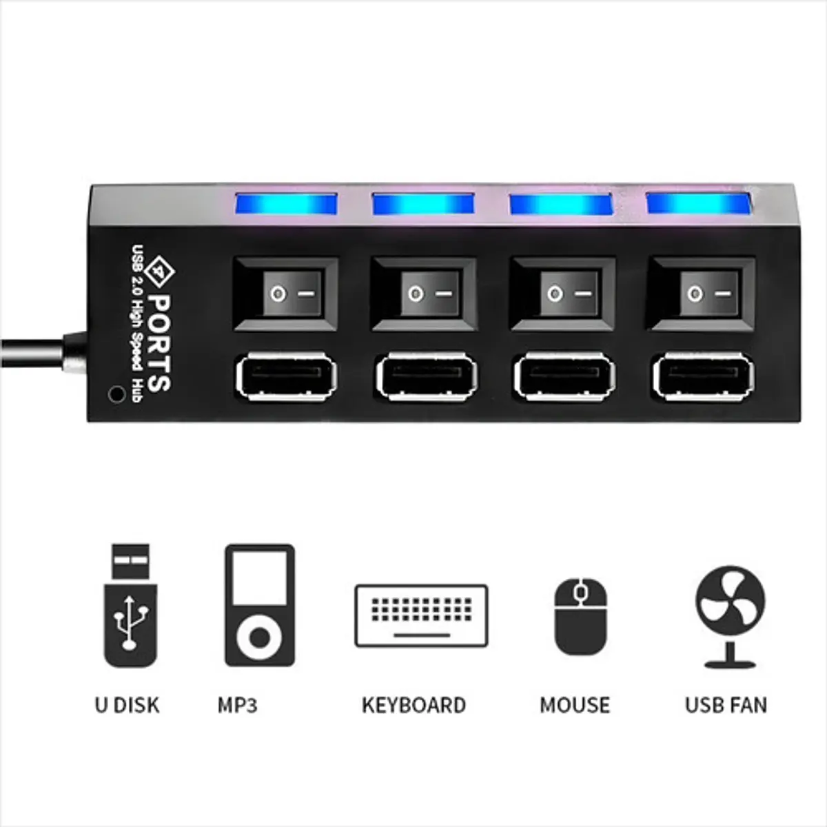 Hub USB 2.0 4 Ports Avec Interrupteurs ON/OFF Et LED Bleue - Câble 40 Cm, Tension 5V