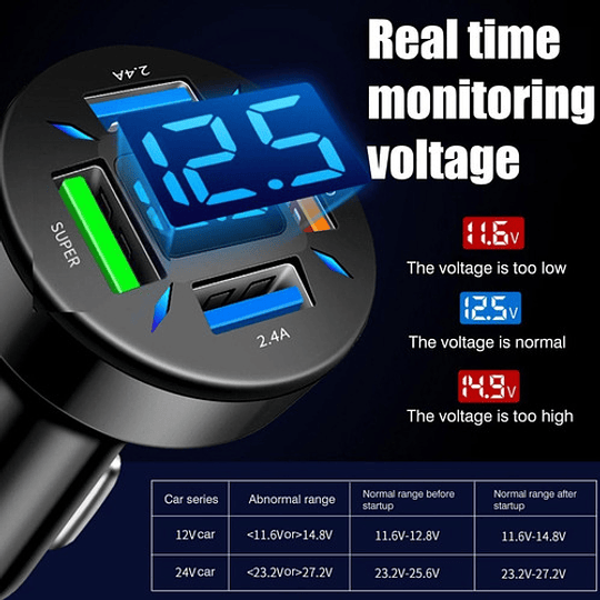 Puertos Usb De Carga + Voltímetro Digital Chequeo De Batería