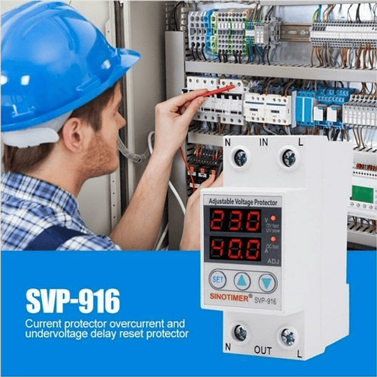 Relé Sinotimer SVP-916 Protección Sobre-Bajo Voltaje + Sobre Corriente