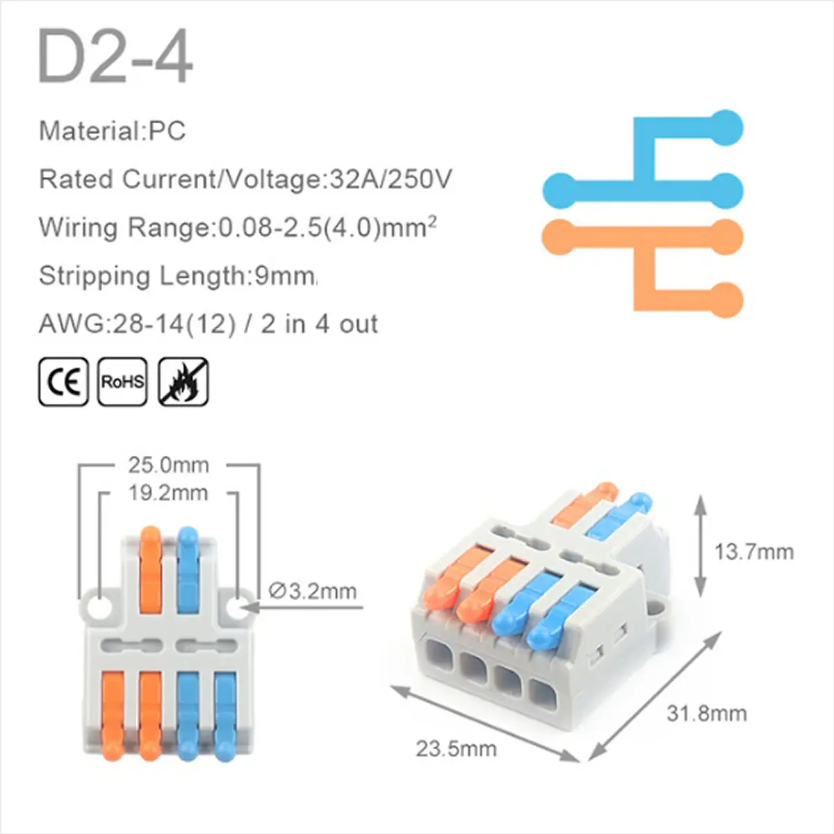 5 X Conector Terminal Rápido Universal D2-4, 250V, 32A , Wag