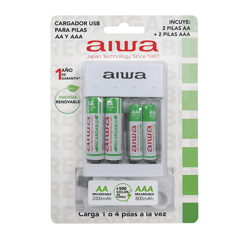 Cargador De Pilas Aiwa AA y AAA + 4 Pilas Bc-0807t Blanco 