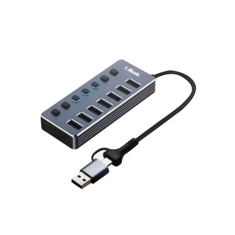 Hub Usb Y Usb-C 7 Puertos Aluminio Con Switch Ulink Ul-Hubca7 1