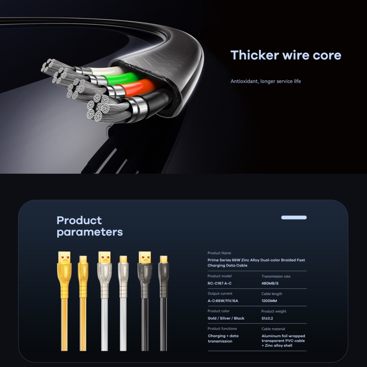 Cable Usb A Tipo/C Rc-C167 66W Silver Zinc Alloy Remax  3