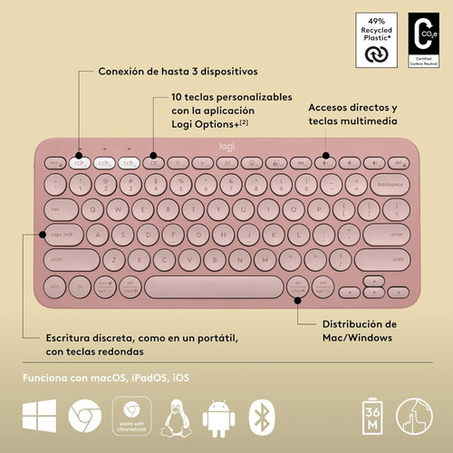 Teclado Bluetooth Logitech Pebble Keys 2 K380S Qwerty Teclado Rosado Idioma Español 6
