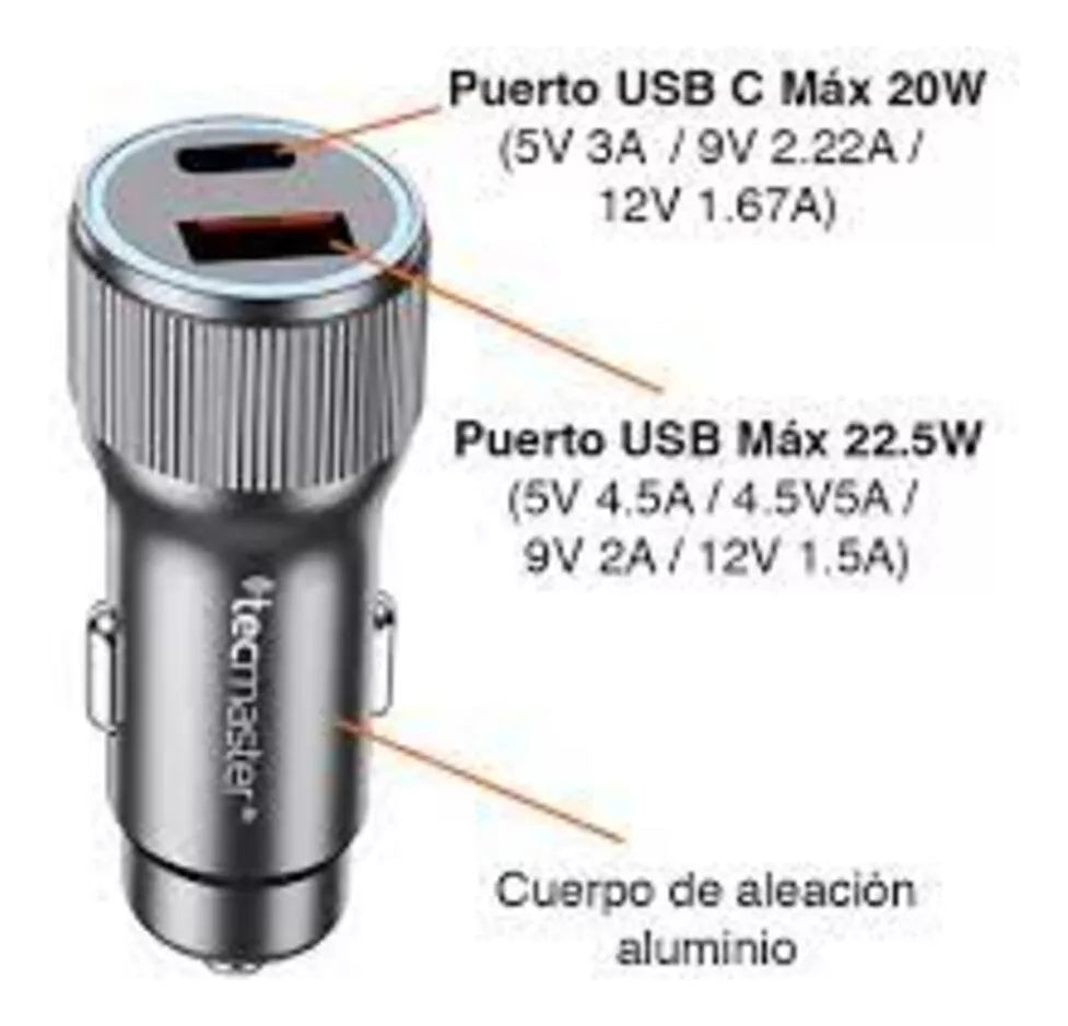 Cargador Automóvil Usb A: Q.C + Tipo C: Pd Tecmaster 2