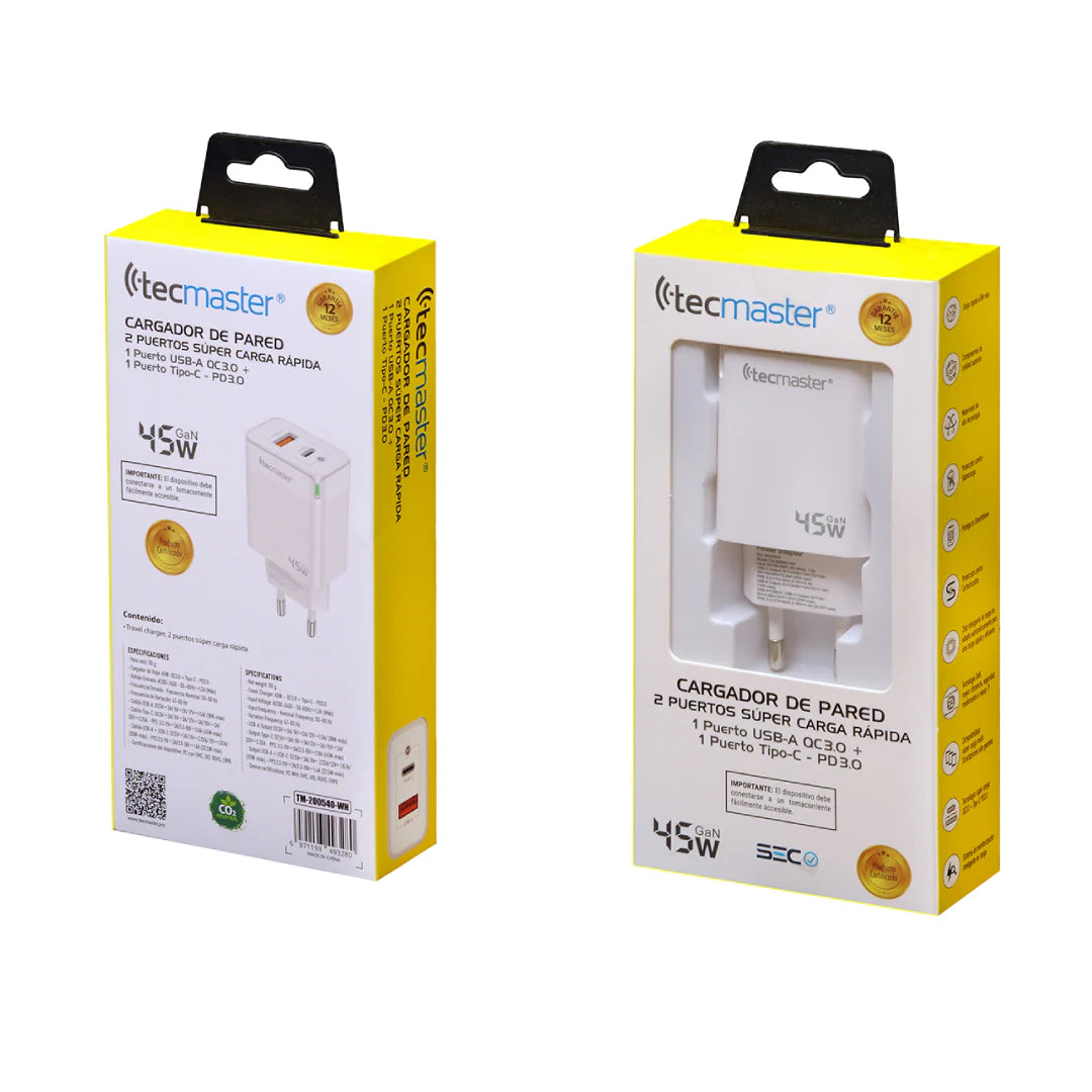Cargador De Pared 2 Puertos Usb A - Usb C 200540 Tecmaster 3