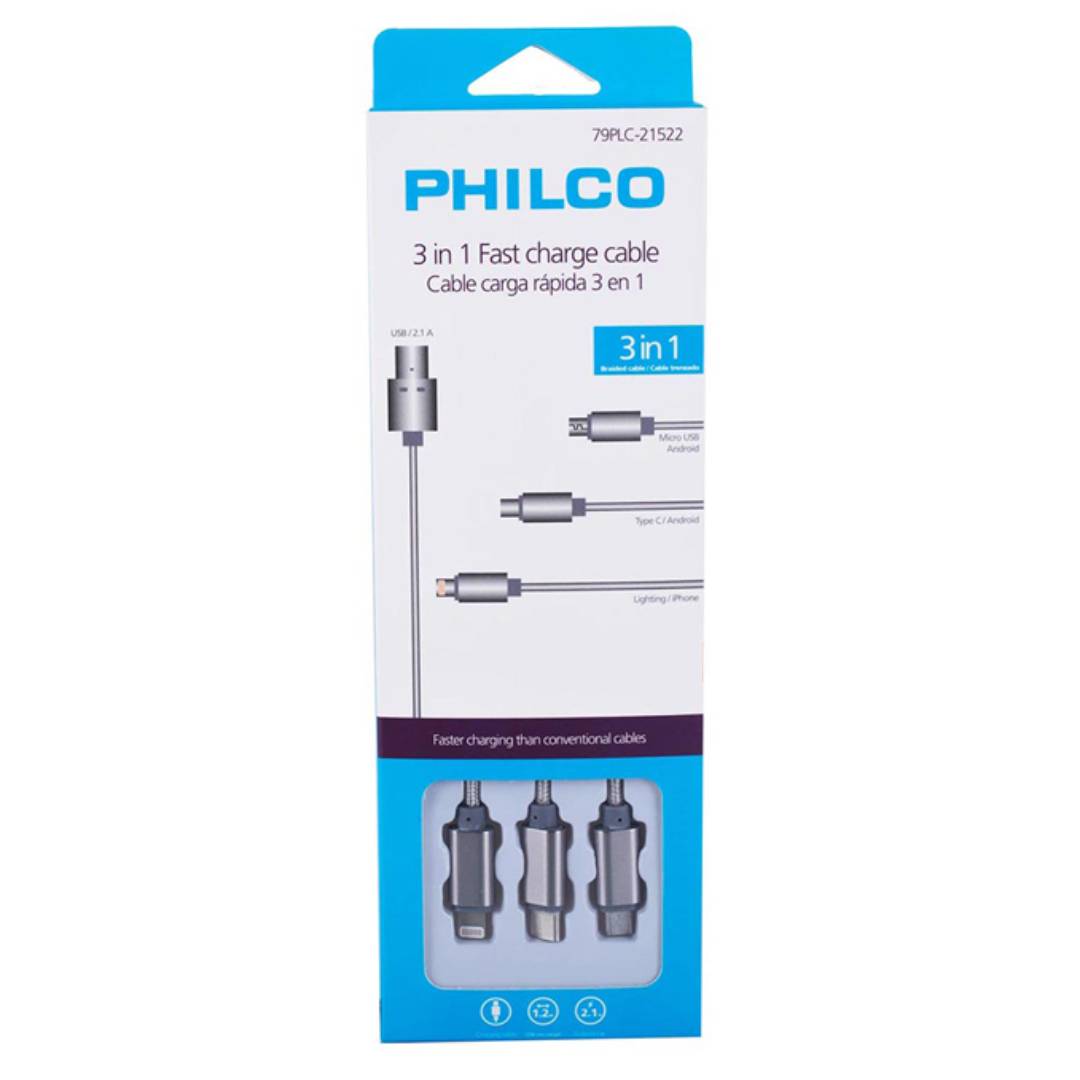 Cable 3 En 1 C/Micro Usb/Iphone/Tipo C Metálico 79Plc21522 Philco 2