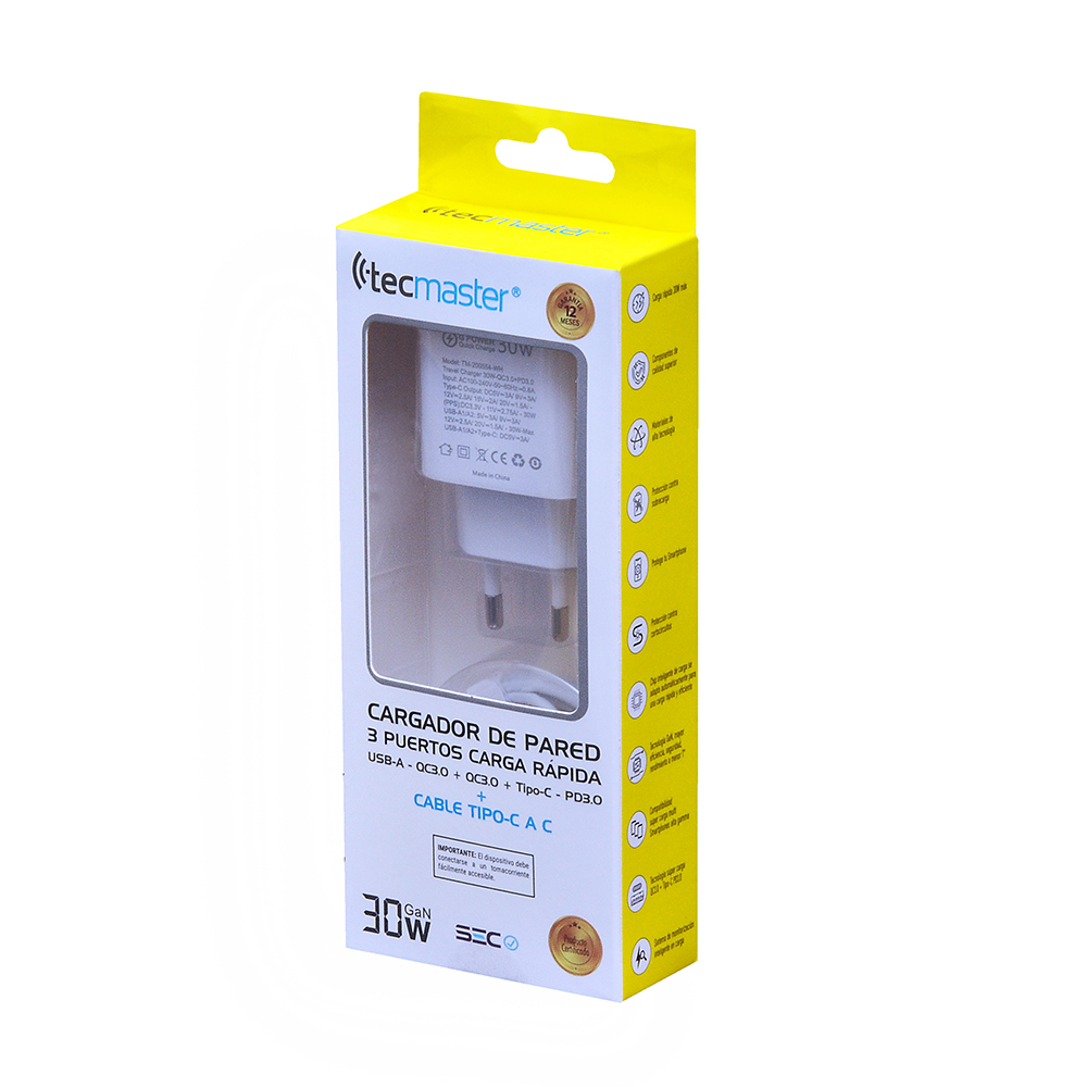 Cagador De Pared 3 Puertos Usb A/C 200554Wh 30W Tecmaster 1