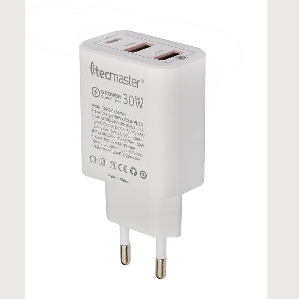 Cagador De Pared 3 Puertos Usb A/C 200554Wh 30W Tecmaster 3