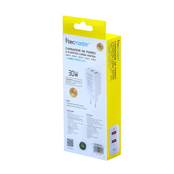 Cagador De Pared 3 Puertos Usb A/C 200554Wh 30W Tecmaster 5