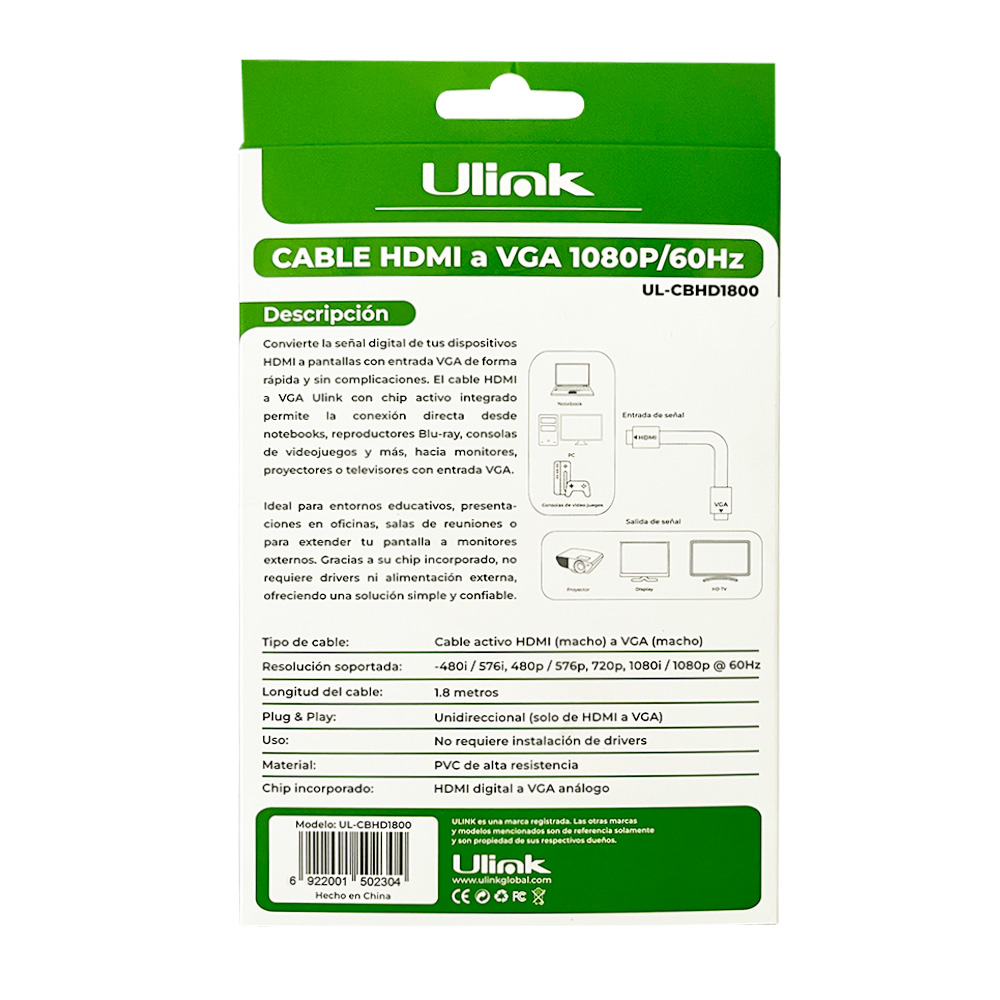 Cable Hdmi A Vga 1080P/60Hz / Mod. Ul-Cbhd1800 3
