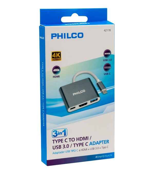 Adaptador Hub Tipo C 42178  A Hdmi + Usb 3.0  3 En 1 4K Philco  2