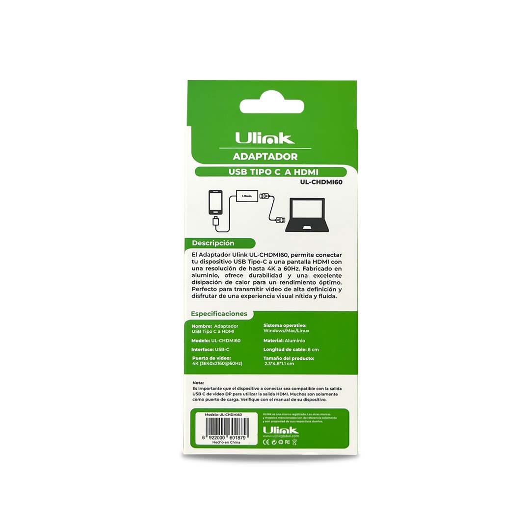 Adaptador Usb Tipo C A Hdmi 4K60Hz Mod. Ul-Chdmi60 3