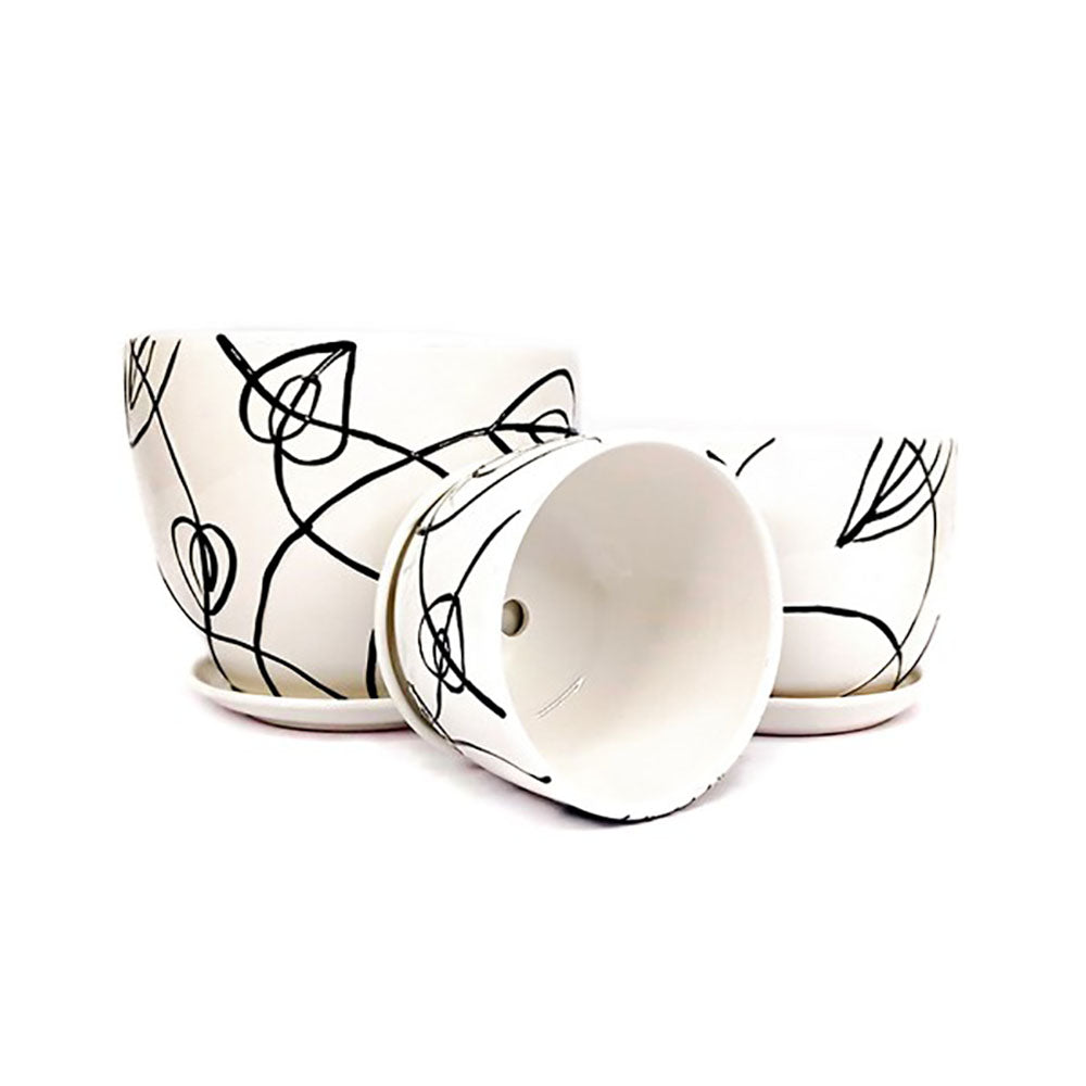 Set De 3 Maceteros Blancos Diseño Abstracto 1