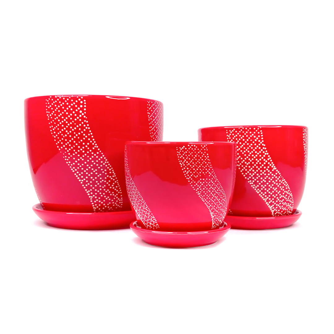 Set De 3 Maceteros Rojos Con Diseños De Ondas Blancas 1