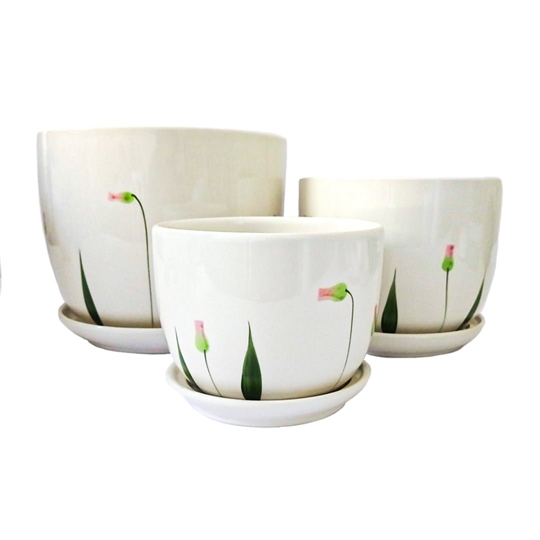 Set De Tres Maceteros Blancos Diseño Flores Verdes 1