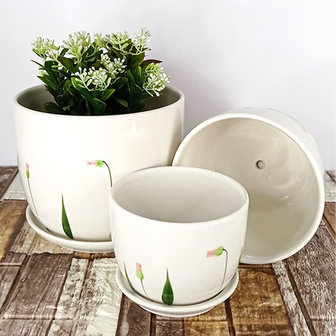 Set De Tres Maceteros Blancos Diseño Flores Verdes 2