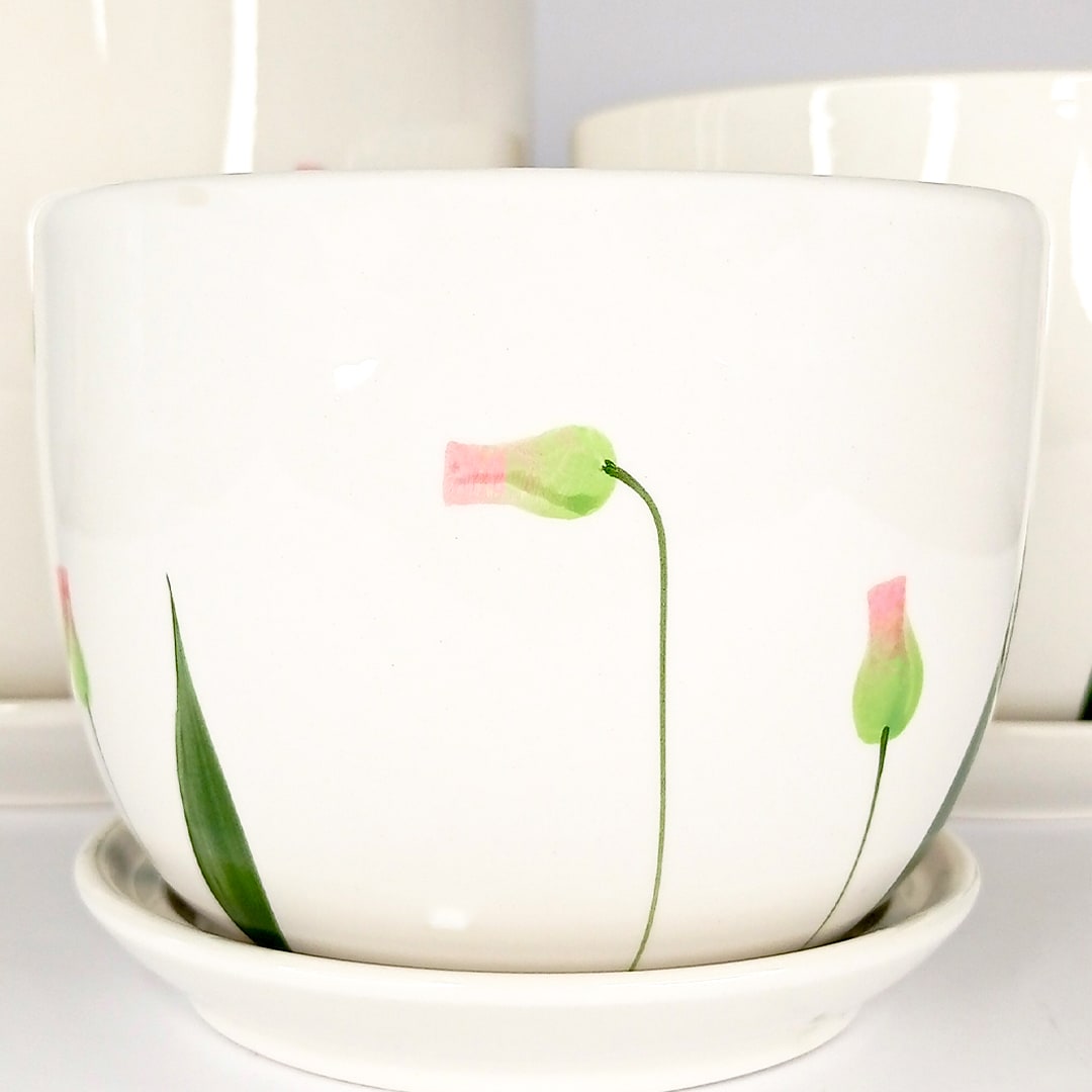 Set De Tres Maceteros Blancos Diseño Flores Verdes 3