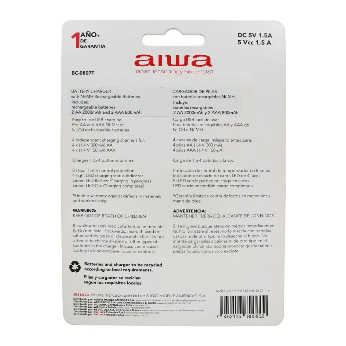 Cargador de Pilas AA/AAA Incluye 2AA/2AAA Aiwa   2