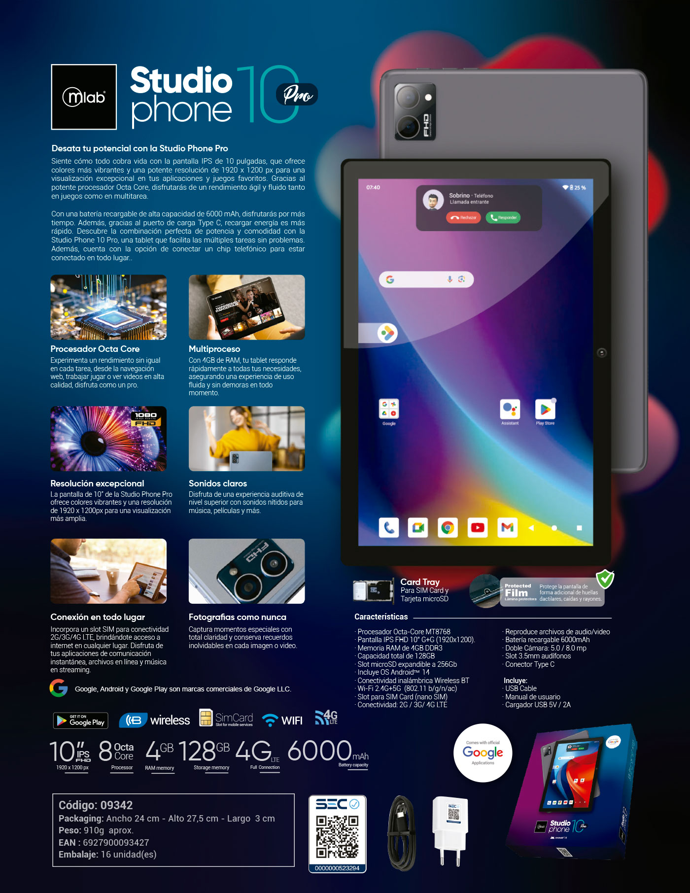 Tablet Studio Phone PRO 10″ Octa-Core, 4GB, 128GB, 4G LTE - 9342 5