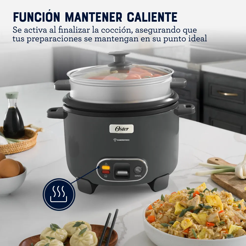 Oster Arrocera, 3 en 1, 10 Tazas de Capacidad, con Función de Sofrito, Vaporera, Recubrimiento Antiadherente Oster DiamondForce 2
