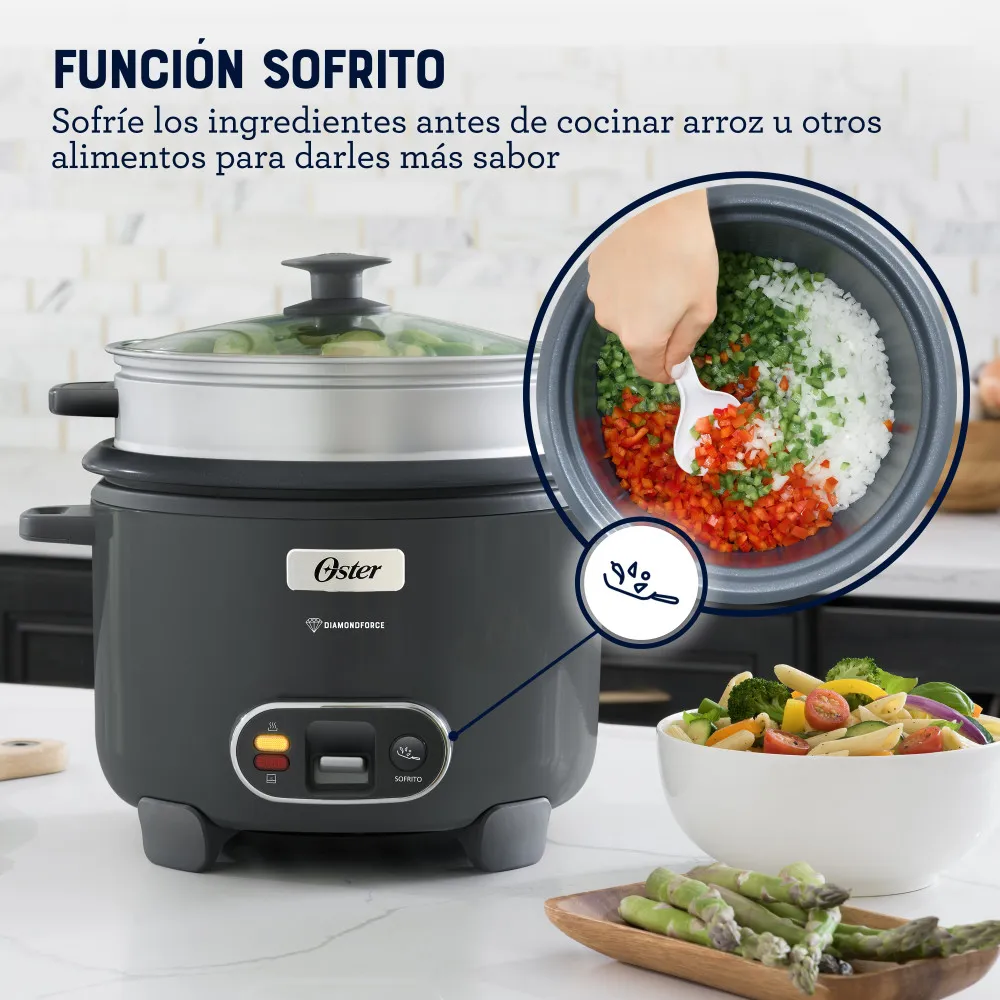 Oster Arrocera, 3 en 1, 10 Tazas de Capacidad, con Función de Sofrito, Vaporera, Recubrimiento Antiadherente Oster DiamondForce 5